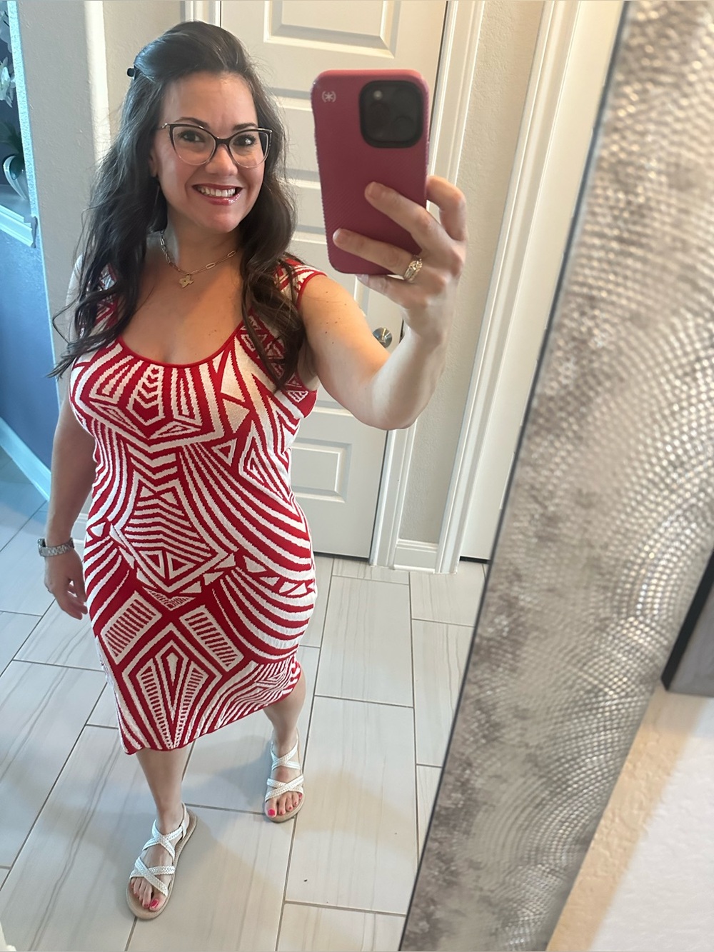 Gianni Bini Red & Cream Geometric Sheath Dress Sleeveless Stretch